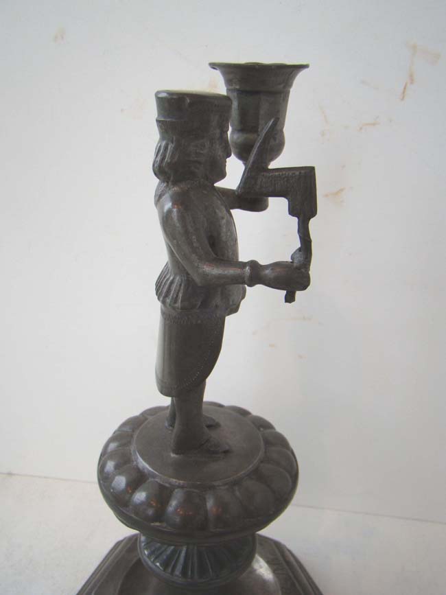 A nice pair of early 18th century Dutch pewter candlesticks depicting a Butcher and a Baker — image 5
